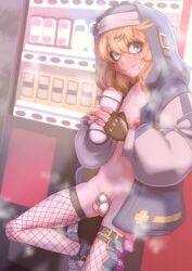 1boy 2026 blonde_hair blue_eyes boots bridget chastity_cage chastity_device commission condom condom_belt condom_wrapper condom_wrapper_in_clothes fingerless_gloves fishnet_legwear gloves guilty_gear guilty_gear_strive legwear light-skinned_male male male_only not-my-business onahole penis runny_makeup solo thigh_belt trans_woman vending_machine