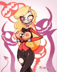 1girls areola big_breasts blonde_hair bowtie breasts buttons charlie_morningstar_(hazbin_hotel) cleavage clothing crazy_eyes demon demon_girl erect_nipples_under_clothes evil_grin evil_smile female floops_(artist) grin grinning hazbin_hotel large_breasts long_hair nipples_visible_through_clothing pale_skin solo straight_hair straining_buttons thin_waist torn_clothing tuxedo vivienne_medrano wet wet_shirt wet_t-shirt white_skin