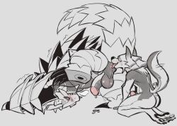 anal anthro anus armalizamon balls bandai_namco blush bodily_fluids canid canine canis claws digimon digimon_(species) duo erection genital_fluids genitals kneeling looking_pleasured male male/male mammal oral penis precum rimming sex sharp_teeth teeth wolf yellowluster