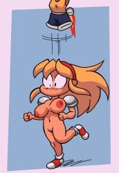 2026 2026s accidental_exposure battle_mania big_eyes blonde breasts chibi clothes_removed jetpack mania_ohtorii shoes shoes_only simple_background speed_lines surprised_expression unaligned_breasts