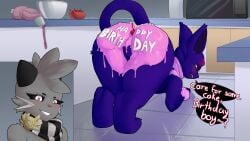absurd_res anthro birthday cake dessert dewott dialogue duo eeveelution espeon female feral food food_fetish food_play generation_2_pokemon generation_5_pokemon heart_eyes heart_symbol hi_res icing kurotodraw male male/female mallory_(iampride) nintendo pokemon pokemon_(species) spade_lovelight