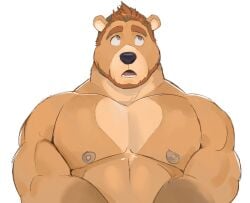 2017 bara bear beard big_pecs brown_beard brown_hair furry male muscular nipples open_mouth saltypoundcake simple_background solo tan_body tan_fur