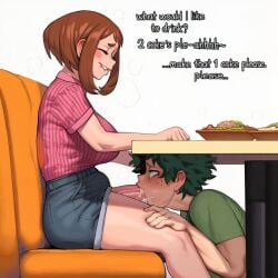 ai_generated biting_lip blowjob boku_no_hero_academia casual_clothes cucumber_king different_setting diner fellatio futa_on_male futanari gay intersex izuku_midoriya large_penis male my_hero_academia novelai ochako_uraraka sissy submissive_male text under_the_table