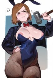 1girls ai_generated annoyed blush brown_eyes brown_hair bunny_ears bunnysuit fishnets furrowed_brow hammer jacket jujutsu_kaisen kugisaki_nobara large_breasts leotard nipple_slip nipples nobara_kugisaki solo solo_female thick_thighs weeeenymoe wide_hips