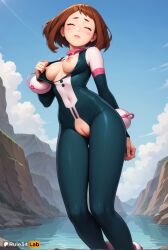 1girls ai_generated arm_behind_back artist_name ass_visible_through_thighs blue_bodysuit blue_sky blush blush_stickers bodysuit boku_no_hero_academia breasts breasts_out brown_hair closed_eyes closed_mouth cloud contrail covered_navel crotch_cutout day eyelashes facing_viewer feet_out_of_frame female female_only frown groin hand_up hi_res lips medium_breasts mountain my_hero_academia nipples no_bra no_panties ochako_uraraka open_bodysuit open_clothes outdoors pussy rock rule34lab short_hair sidelocks skin_tight sky solo standing thigh_gap tight_clothes uncensored uraraka_ochako water