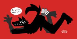 all_fours anal anal_sex bottle canid canine canis claws container cvinodor english_text erection fur genitals humanoid_genitalia humanoid_penis male mammal mascot nude object_in_ass penetration penis sharp_teeth solo speech_bubble tail teeth text toony wolf