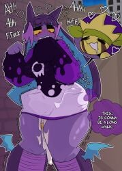 anthro big_penis blush bodily_fluids bottomless breasts bulge clothed clothing corruptedcryptid crobat cuckold cum cum_in_vagina cum_inside cum_on_penis dialogue duo erection excessive_cum excessive_genital_fluids extreme_size_difference female generation_2_pokemon genital_fluids genitals grope grumpy hair hand_on_breast hi_res hoodie hoodie_only huge_cock human inside_clothing larger_female long_hair male male/female mammal nintendo penetration penile penile_penetration penis penis_in_vagina pokemon pokemon_(species) purple_body red_eyes riding sex size_difference smaller_male speech_bubble stealth_sex sunkern teeth text thigh_sex topwear topwear_only trapped_in_clothing vaginal_penetration vulva x-ray_view