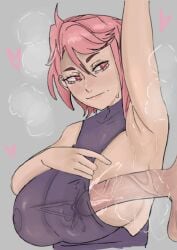 1boy 1girl arm_up armpits azazelinp bare_shoulders bi big_breasts breasts dandadan grey_background heart huge_breasts lips looking_at_viewer nipples_visible_through_clothing penis penis_under_clothes pink_hair shiratori_aira_(dandadan) short_hair smile solo tagme