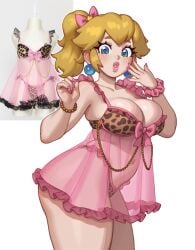 1girl 1girls absurdres alternate_costume alternate_eyebrows alternate_hairstyle animal_print ass blonde_hair blue_eyes blush bra breasts camisole crown curvy earrings frilled_bra frilled_negligee frills gyaru gyarufication hi_res highres jewelry leopard_print leopard_print_panties lips lipstick long_hair looking_at_viewer mario_(series) medium_breasts moeflavor nail_polish negligee open_mouth panties photo_inset pink_lipstick pink_nails pink_negligee ponytail princess_peach print_panties reference_image reference_inset riz rizdraws screenshot_inset see-through see-through_clothes sphere_earrings thick_eyebrows thick_lips thick_thighs thighs underwear white_background
