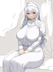 1girls big_ass big_breasts female female_only fully_clothed houtengeki looking_at_viewer nun red_eyes sitting thick_thighs white_clothing white_dress white_hair wide_hips