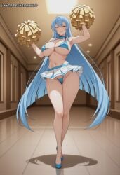 ai_generated akame_ga_kill! armpits bare_shoulders bikini blue_bikini blue_eyes blue_footwear blue_hair blush breasts cheerleader choker cleavage closed_mouth commission esdeath_(akame_ga_kill!) female full_body gener-ai hair_between_eyes highleg holding huge_breasts indoors large_breasts long_hair looking_at_viewer meriannre micro_bikini miniskirt navel pleated_skirt pom_pom_(cheerleading) pom_pom_(clothes) promotional_art request skirt smile solo standing stomach string_bikini swimsuit thighs underboob very_long_hair web_address white_skirt