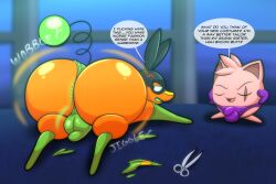 absurd_res anus ass axel_the_tepig bacon_butt_(tepigfan101) big_butt bulge closed_eyes clothing clothing_scraps creampuff_(tepigfan101) cross-popping_vein detailed_bulge dialogue duo eye_scar facial_scar feral generation_1_pokemon generation_5_pokemon green_anus hi_res huge_butt jigglypuff legwear looking_at_own_butt looking_back lying male motion_lines nintendo on_front onomatopoeia panties pokemon pokemon_(species) scar scissors sound_effects stockings superhero supervillain tepig tepigfan101 text thong underwear waddling_head