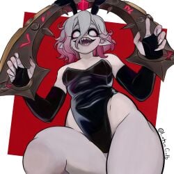 bare_shoulders bare_thighs briar_(league_of_legends) bunny_ears bunnysuit leotard looking_at_viewer looking_down lotusgolb pillory restrained thick_thighs