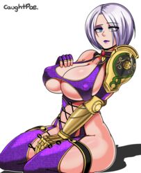 1girls bare_thighs big_breasts blue_eyes breasts caughtpoe cleavage clothed eyeshadow female female_only isabella_valentine large_breasts lipstick looking_at_viewer nipple_bulge purple_lipstick short_hair silver_hair skimpy solo solo_female soul_calibur tagme thick_thighs thighs underboob