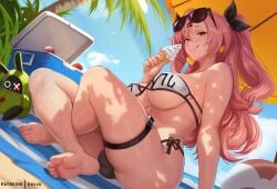 1futa alternate_version_available amillion_(zenless_zone_zero) bangboo_(zenless_zone_zero) barefoot beach big_breasts bikini bikini_bottom bikini_top bottomwear breasts bulge bulge_through_clothing bulge_under_clothes crossed_legs ear_piercing earrings exlic feet futa_only futanari hair hair_ornament hair_ribbon hairclip headwear heart_earrings holding_object ice_cream legs_crossed long_hair mole mole_under_eye multicolored_nails nail_polish nails nicole_demara pink_hair ribbon side-tie_bikini solo solo_futa sunglasses sunglasses_on_head sweat sweatdrop swimwear thigh_strap tongue tongue_out topwear umbreon white_bikini zenless_zone_zero