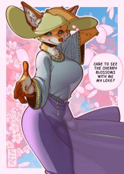 2026 absurd_res adeline_(grimshire) arm_outstretched ass belt biped blue_eyes blush breasts canid canine cherry_blossom clothed clothing dialogue digital_media_(artwork) dress english_text female fingers flower fox frozenartifice fur grimshire hand_on_head hat headgear headwear heart_symbol hearts_around_head hi_res holding_clothing holding_hat holding_headgear holding_headwear holding_object inner_ear_fluff looking_at_viewer mammal orange_body orange_fur pattern_clothing pattern_topwear plant prunus_(flower) purple_clothing purple_dress shirt simple_background smile speech_bubble standing sun_hat text top_(disambiguation) topwear tuft wide_hips wind
