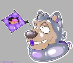 animate_inanimate anthro beastars bodily_fluids brainwashing canid canine canis drooling glistening glistening_body glory_hole hi_res human humanoid hypnosis hypnotic_visor inflatable inside internal legoshi_(beastars) living_inflatable lock lock_symbol male mammal mind_control pool_toy proboscis_(anatomy) purple_insides saliva slime solo speech_bubble tostilynx transformation tube_gag visor wet wolf