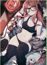 black_bra black_legwear black_panties bra casual cute electronics eyewear female game_console handheld_game_console human legwear outerwear pale_skin parororo persona persona_5 playstation playstation_vita red_hair sakura_futaba