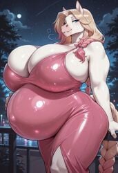 gideon furry anthro solo 1girl chubby female horse girl white body fur braided tail blue eyes long hair blonde pink highlights torso tall elongated big bust covered purple dress tight huge dance club dancing looking at viewer nighttime night