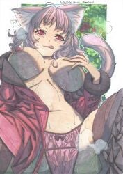 ahoge animal_ear_fluff animal_ears blush border breasts cat_ears cat_girl cat_tail commentary_request day eyeshadow female flower from_below fur-trimmed_jacket fur_trim grabbing_own_breast highres jacket large_breasts licking_lips looking_at_viewer makeup making-of_available marker_(medium) medium_hair meiz nipple_stimulation open_clothes open_jacket original outdoors outline painting_(medium) panties pink_hair pink_panties pussy_juice red_eyes red_eyeshadow red_jacket red_lips rose sitting skindentation slit_pupils solo spread_legs steaming_body sweat tail thick_thighs thighhighs thighs tongue tongue_out traditional_media tree underboob underwear very_long_fingernails watercolor_(medium) wavy_hair white_border white_outline