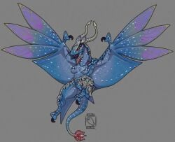 1girls artist_logo artist_signature avatar bioluminescence blue_body blue_skin breasts claws furry glowing glowing_body ikran no_nipples orange_eyes sharp_teeth simple_background tail thick_thighs thighs torururuu wings