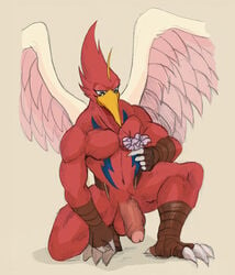 1boy anthro avian balls ballsack beak biped bird claws feathered_wings feathers flower foreskin genitals hi_res humanoid_genitalia hummingbird intact konami male male_only navel neo-spacian_air_hummingbird non-mammal_balls nude_male partially_retracted_foreskin penis plant red_body red_feathers scrotum sellon semi-erect solo talons testicles uncut veiny_penis wings yu-gi-oh!