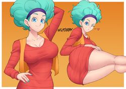 1girls afro aqua_hair aqua_nails ass big_ass big_breasts blue_eyes breasts bulma_(afro) bulma_briefs dragon_ball dragon_ball_z eye_contact female female_only flytrapxx looking_at_viewer solo spoken_heart thick_thighs thighs