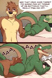 anal anal_sex anthro ass back_spines blush bubble_butt controller crocodile crocodile_hunter crocodilian dialogue duo electronics face_in_ass fangs game_controller gaming hi_res looking_pleasured lying male male/male mammal mustelid navel nipples nom on_front otter penetration playing_video_game reptile scales scalie snout speech_bubble tail teeth television thick_tail tongue ventkazemaru whiskers yelling