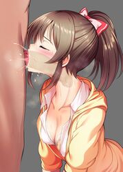 blowjob blush bra brown_hair cleavage closed_eyes cum cum_in_mouth fellatio hair_between_eyes jacket ment open_jacket open_shirt oral oral_penetration oral_sex penis ponytail sweat tagme