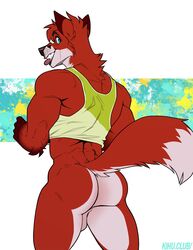 2021 abstract_background anthro ass backsack balls bite biting_own_tongue bottomless canid canine clothed clothing fox genitals hair hi_res kihu looking_at_viewer looking_back looking_back_at_viewer male male_only mammal muscular muscular_anthro muscular_male neck_tuft perineum rear_view self_bite shirt simple_background smile solo standing tank_top tongue tongue_bite tongue_out topwear tuft