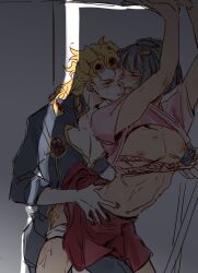 2boys arms_up bite_mark black_hair blonde_hair blue_jacket blunt_bangs blush bob_cut braid bruno_bucciarati bug clothes_in_mouth clothes_lift crossdressing crossdressing_(mtf) giorno_giovanna grabbing_from_behind green_eyes hair_ornament highres implied_ejaculation jacket jojo_no_kimyou_na_bouken ladybug ladybug_ornament long_hair looking_at_another luminous_slime male_focus male_penetrated mouth_hold multiple_boys navel nipples pectoral_cleavage pectorals pink_shirt red_skirt sex sex_from_behind shade shirt shirt_in_mouth shirt_lift short_hair skirt torso_grab vento_aureo victory_rolls yaoi