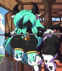 1girls animated anthro barn bending_over black_body black_skin cow_bell cow_bell_collar cow_ears cow_print cow_print_thighhighs cowbell cowbell_collar cowprint female holding_object horns huge_ass huge_breasts lactation large_breasts milk milking milking_breasts milking_machine original_character shadowthespirit sharp_teeth solo solo_female solo_focus tagme tail thick_thighs tongue turquoise_hair turquoise_nipples turquoise_tongue video xurreth xuxu