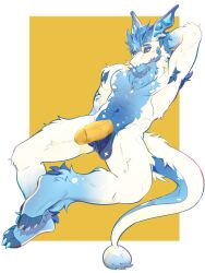 absurd_res anthro armpit_hair balls blue_body blue_fur blue_hair body_hair cruz_(minbnuy) dragon elebits erection foreskin fur genitals hair hi_res leaning leaning_backward male mintbnuy mythological_creature mythological_scalie mythology navel nipples nude nude_anthro nude_male penis relaxing scalie seductive solo surf_omega_(elebits) white_body white_fur yellow_penis