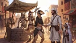 2026 ai_generated amazing_background anthro arm_wraps backlighting beard belt blurred_background bracelet brown_eyes camelid casual_exposure choker cloak clothing countershading depth_of_field desert detailed_background dhinalel_(midria) director_name english_text eye_contact facial_hair fantasy female female_anthro fenn_(midria) foot_wraps frill_(anatomy) fur furry genitals gesture glaive gnoll gnoll_(midria) grey_body grey_fur group halter handshake hat head_crest head_frill headdress headgear headwear hi_res hood_up human hyaenid hyena ineffective_clothing jewelry light lighting lizard looking_at_another male male/female male_anthro male_human mammal mask medieval melee_weapon murid murine necklace polearm public public_exposure pupils pussy rat reptile rodent satchel scales scalie shirtless_male shoulder_pads size_difference skull_mask slit_pupils spots staff tagme tan_body tan_fur tan_scales terraraptor text town tribal weapon well whiskers white_body white_clothing white_countershading world_of_midria wraps yellow_eyes