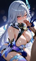 ai_generated bare_shoulders big_breasts breasts curvy curvy_female curvy_figure dark-skinned_male dick duo female genshin_impact male presenting_breasts red_eyes sexy sexy_body sexy_female sexy_pose skirk_(genshin_impact) squeezing squeezing_breast thick_ass thick_legs thick_thighs white_hair wink winking_at_viewer