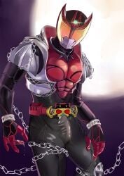 1boy armor armored_male bat belt bodysuit bodysuit_bulge chain_around_leg chains cum cum_drip cum_on_fingers cum_on_hand cum_on_hands cum_through_bodysuit erection erection_under_bodysuit full_moon helmet implied_handjob implied_masturbation kamen_rider kamen_rider_kiva kamen_rider_kiva_(series) looking_at_viewer male male_focus male_only mask masked masked_male moon penis pinup red_armor sfdofd solo tight_bodysuit tight_clothing vampire yellow_eyes