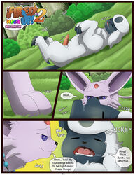 absol animal_genitalia animal_penis aroused bodily_fluids border canid canine canine_penis closed_eyes comic conditional_dnp detailed_background drooling duo eeveelution english_text erection espeon fan_character female feral genitals hi_res lying male male/female mammal nintendo on_back open_mouth penis pokémon_(species) pokemon pokemon_(species) saliva sleeping snoring speech_bubble text video_games wet_dream white_border xxgato