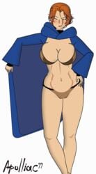 alternate_breast_size apoliac-99 blue_eyes blush brown_bra brown_panties cape castlevania castlevania_(netflix) casual clothing female gloves human kisekae looking_down outerwear pale_skin partially_clothed red_hair robe robe_lift short_hair solo_female sypha_belnades white_background