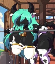 1girls animated barn bending_over black_body black_skin cow_bell cow_bell_collar cow_ears cow_print cow_print_thighhighs cowbell cowbell_collar cowprint farm female holding_object horns huge_ass huge_breasts lactation large_breasts milk milking milking_breasts milking_machine original_character shadowthespirit sharp_teeth solo solo_female solo_focus tagme tail thick_thighs tongue turquoise_hair turquoise_tongue video xurreth xuxu