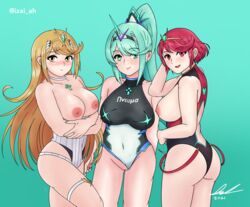 2021 ass blue_eyes blue_hair breasts core_crystal embarrassed highres izai_ah izaiah_(artist) long_hair mythra nintendo nipples one-piece_swimsuit pneuma pussy pyra red_eyes red_hair short_hair smile swimsuit xenoblade_(series) xenoblade_chronicles_2 yellow_eyes yellow_hair