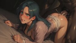 ai_generated anal anal_fuck anal_fucking anal_rape anal_sex big_breasts blue_eyes blue_hair dark-skinned_male female forced g-spot_express in_bed itazura itazura_the_animation lingerie lingerie_only noirblackshoter-ai rape raped sayaka_(itazura)
