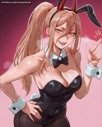 ai_generated alternate_breast_size animal_ears bare_shoulders black_bow black_bowtie black_leotard black_pantyhose blonde_hair blush bow bowtie breasts chainsaw_man cleavage covered_navel cross-shaped_pupils dandanhub demon_horns detached_collar fake_animal_ears fake_tail female female_only gradient hair_between_eyes hand_on_hip horns index_finger_raised leotard long_hair looking_at_viewer medium_breasts open_mouth orange_eyes pantyhose patreon_username ponytail power_(chainsaw_man) rabbit_ears rabbit_tail red_horns sharp_teeth smile solo strapless strapless_leotard sweat symbol-shaped_pupils tail teeth wrist_cuffs