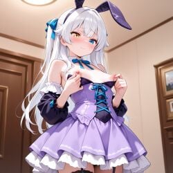1girl ai_generated blue_eyes blush bunny_ears detached_sleeves eiyuu_densetsu erect_nipples female female_only heterochromia lapis_rosenberg long_hair mouth_closed nipple_play nipple_pull nipples pale-skinned_female pale_skin pinching_nipples small_breasts solo_female white_hair yellow_eyes