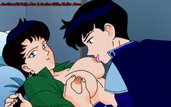 1boy 1girls big_breasts bishoujo_senshi_sailor_moon black_hair breasts clothing darklove69 female large_breasts licking_nipples long_hair male mamoru_chiba nipples pale-skinned_female pale_skin prince_endymion retro_artstyle seiya_kou small_breasts smooth_skin tagme