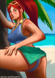 1girls big_breasts bikini blush breasts cassie_(paladins) cleavage female female_focus female_only green_eyes korwuarts legs long_hair looking_at_viewer paladins red_hair revealing_clothes solo spread_legs sunkissed_cassie