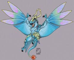 1girls artist_logo artist_signature avatar blue_body blue_skin boobs breasts claws furry ikran no_nipples orange_eyes sharp_teeth simple_background tail thick_thighs thighs torururuu wings