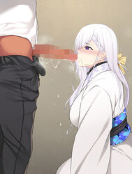 1boy azur_lane belfast_(azur_lane) belfast_(gorgeous_fans)_(azur_lane) black_pants blue_sash breasts censored fellatio female floral_print from_side japanese_clothes jjanda kimono large_breasts mosaic_censoring oral overflow pants purple_eyes sash shirt white_hair white_kimono white_shirt yukata