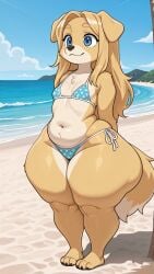 ai_generated tagme anthro anthro_only anthro_female anthro_focus furry furry_only furry_female female female_only female_focus female_anthro female_cub cub cub_female young young_female young_anthro flat_chest flat_chested slim_waist wide_hips thick_thighs huge_thighs large_thighs bottom_heavy bottom_heavy_female dog dog_ears dog_girl dog_tail golden_retriever long_hair bikini bikini_top bikini_bottom polka_dot polka_dot_bikini beach beach_background blue_eyes animal_ears animal_tail solo solo_focus solo_female solo_anthro