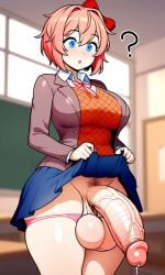 ai_generated big_balls big_breasts blue_eyes clueless doki_doki_literature_club futa_only futanari hair_ribbon huge_cock leaking_precum orange_hair panties_down pink_panties question_mark sayori_(doki_doki_literature_club) school_uniform schoolgirl short_hair thick_thighs veiny_penis wide_hips
