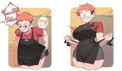 1girls apron black_apron breasts clothed curvy dyed_hair employee_uniform english_text female female_focus female_only freckles glasses hourglass_figure large_breasts opaque_glasses orange_hair original photo-referenced polo_shirt round_glasses short_sleeves sintrybest solo thick_thighs tomboy tomboyish tying_apron undercut unexpected waitress waitress_uniform